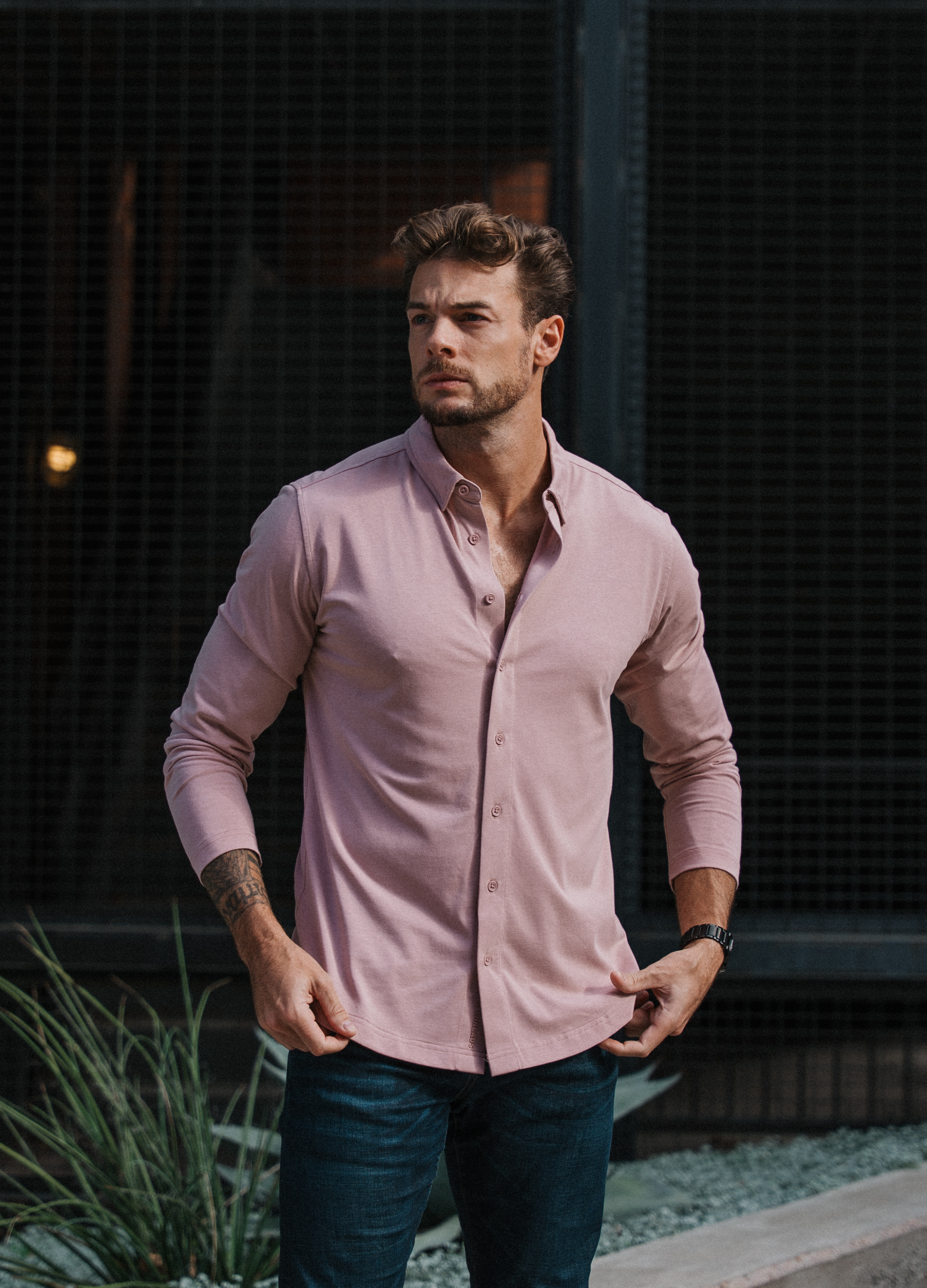 Long-Sleeve Casual Button-Down: Dusty Pink