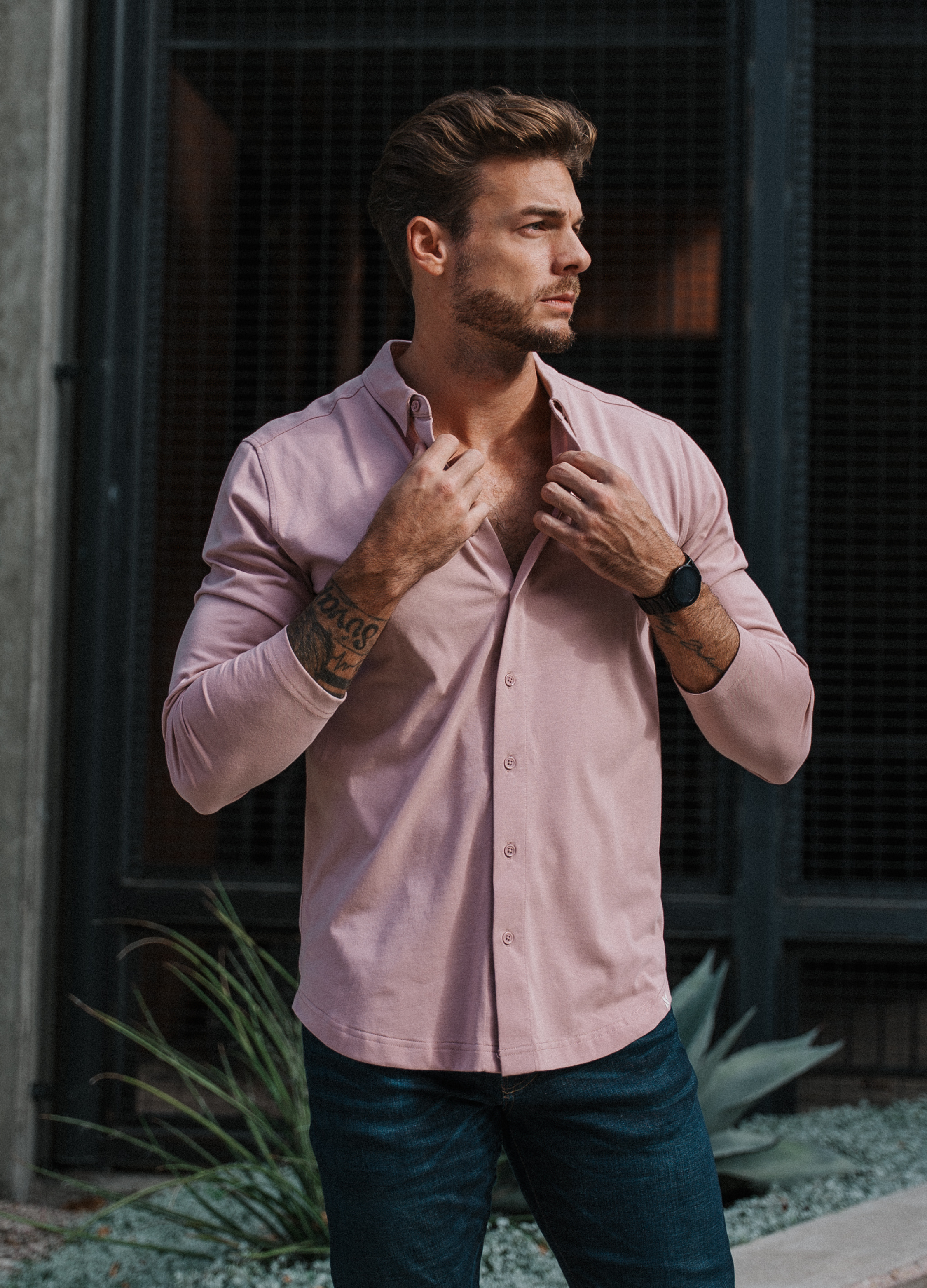 Long-Sleeve Casual Button-Down: Dusty Pink