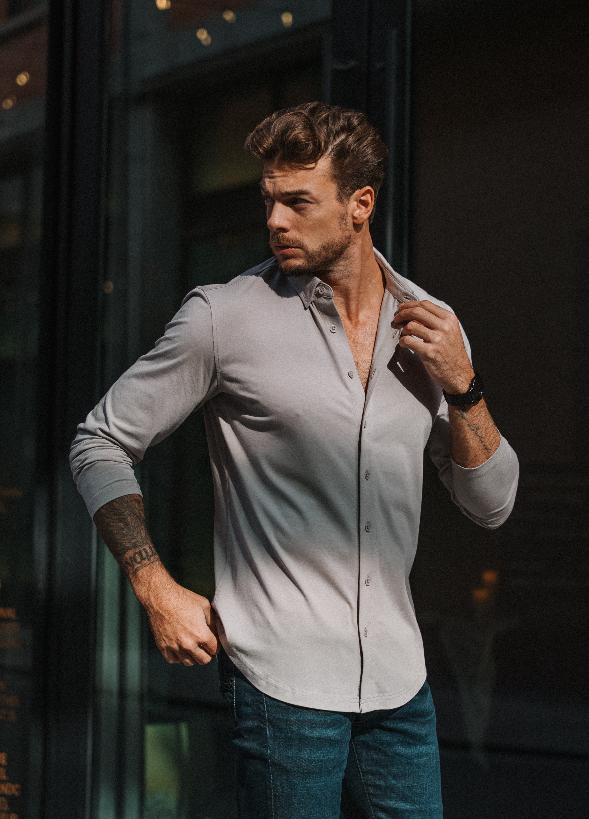 Long-Sleeve Casual Button-Down: Slate Grey