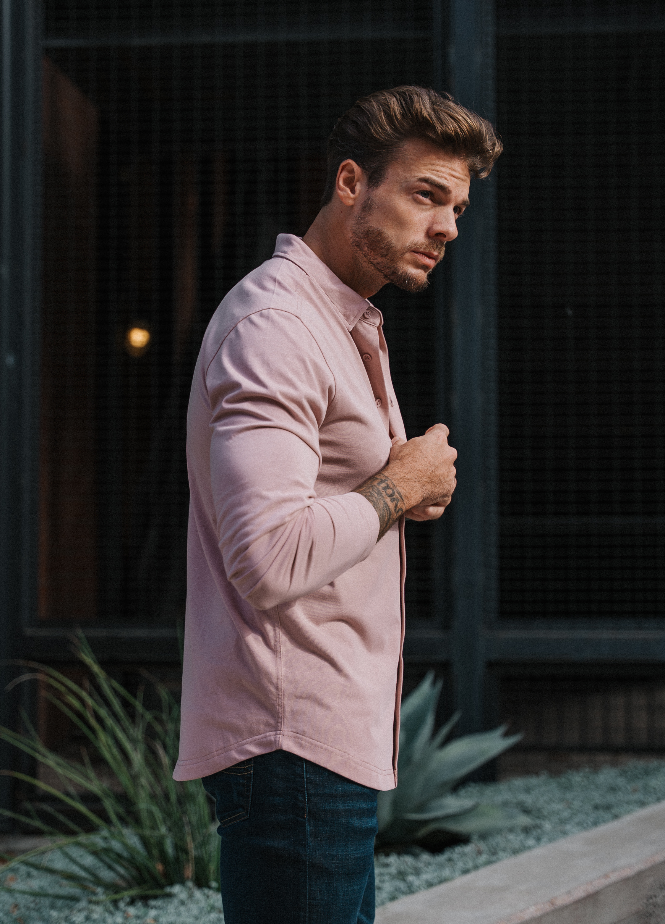 Long-Sleeve Casual Button-Down: Dusty Pink