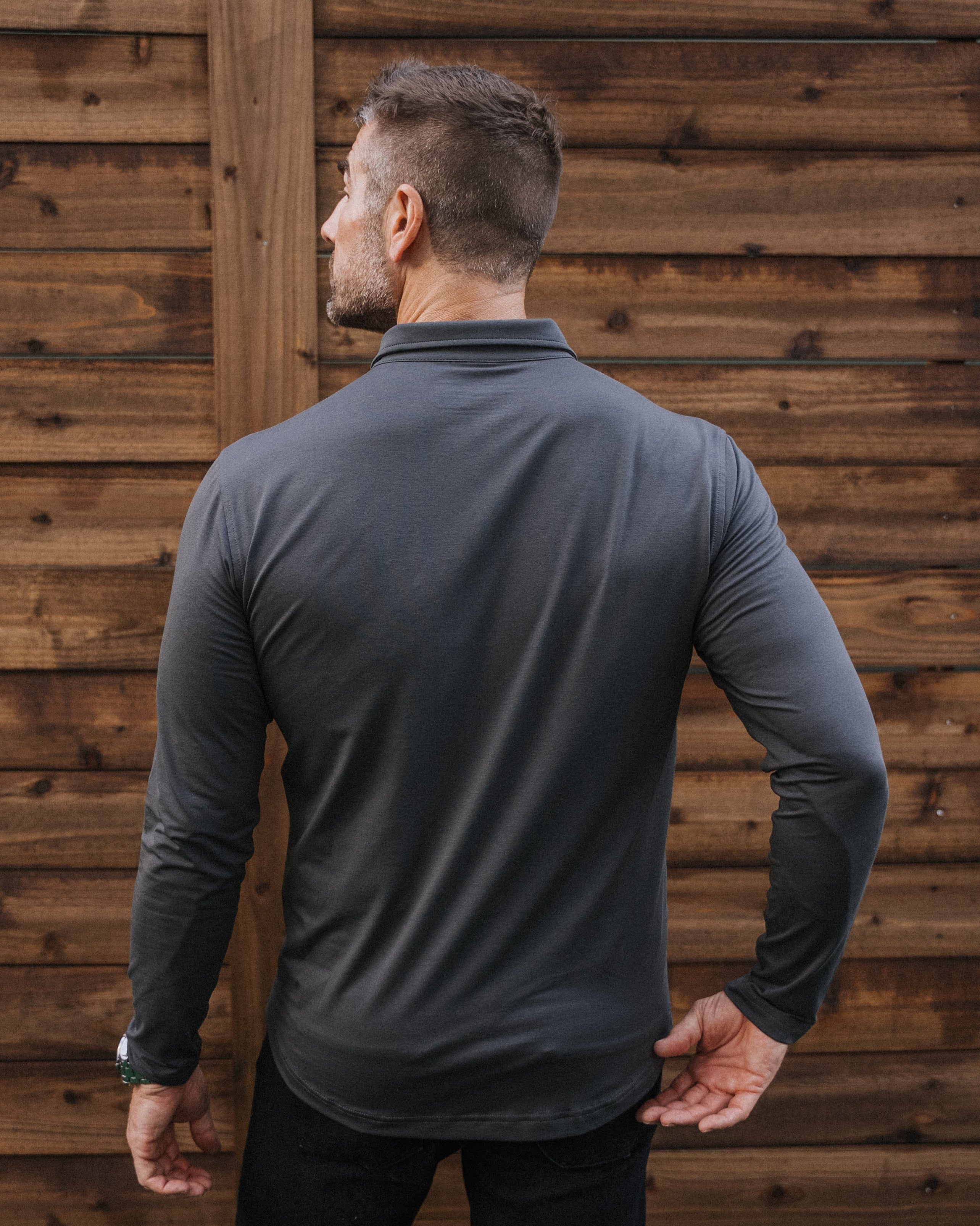 Long-Sleeve 2-Button Polo: Midnight Grey (Pima)