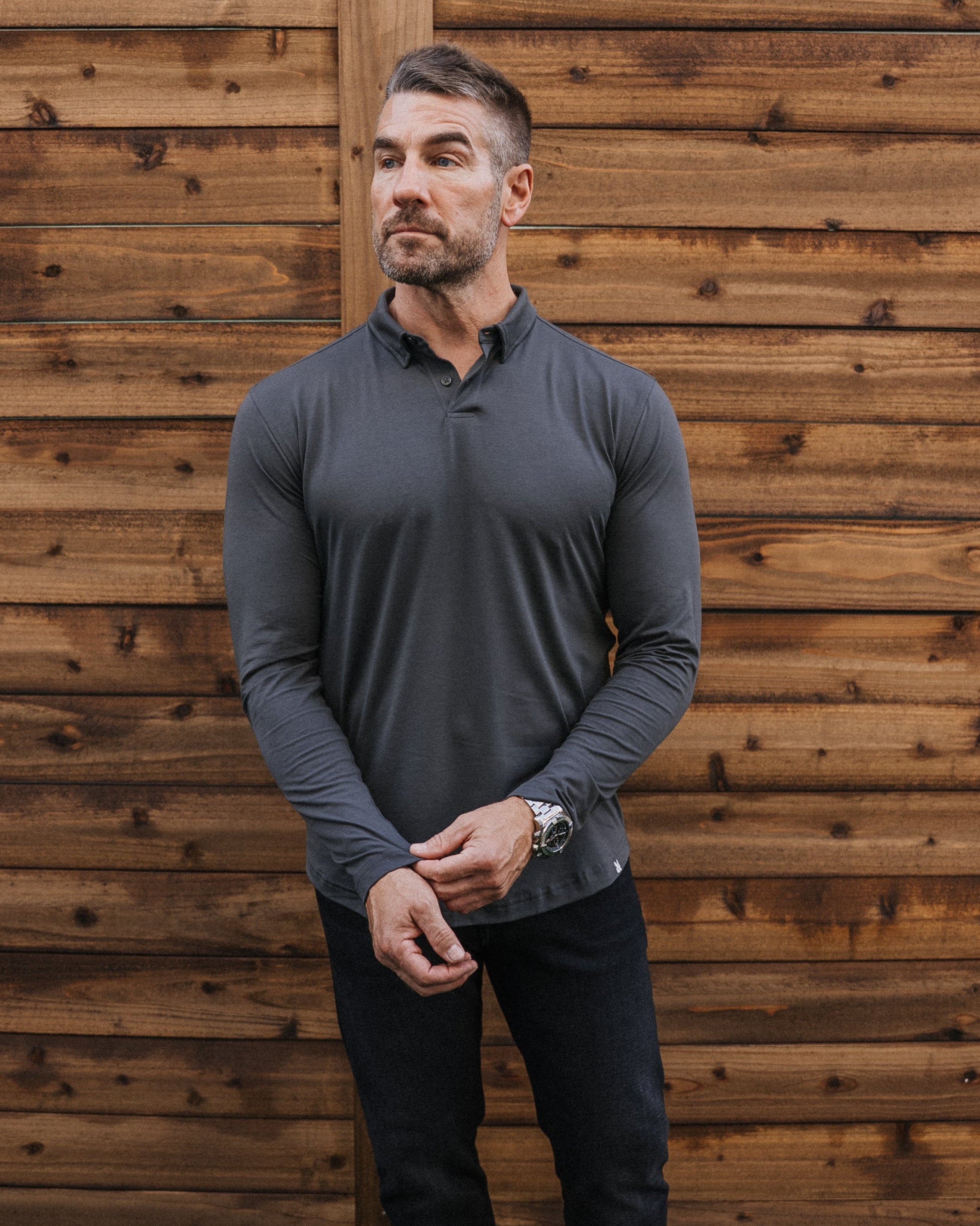 Long-Sleeve 2-Button Polo: Midnight Grey (Pima)