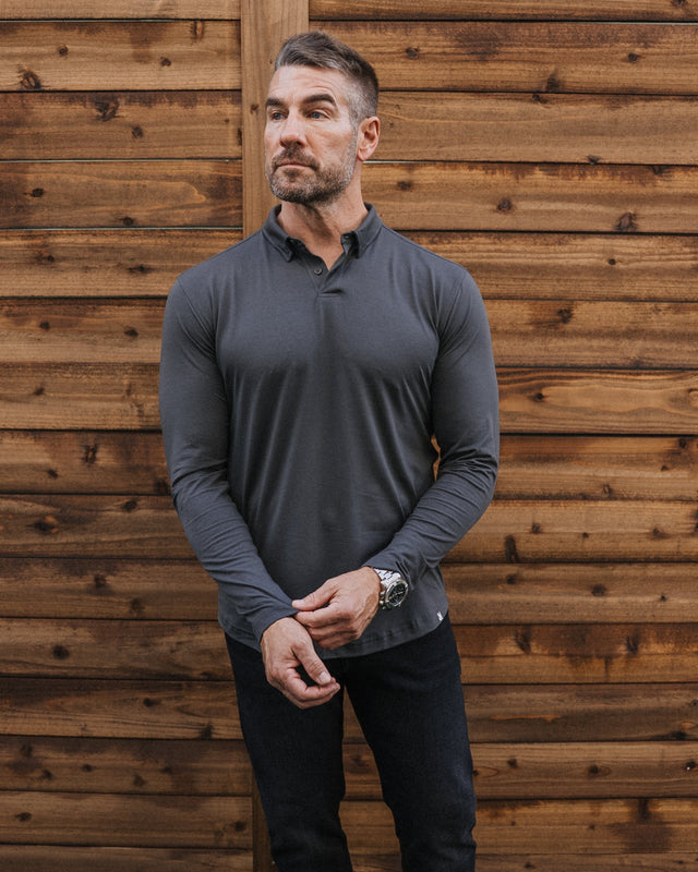 Long-Sleeve 2-Button Polo: Midnight Grey (Pima)