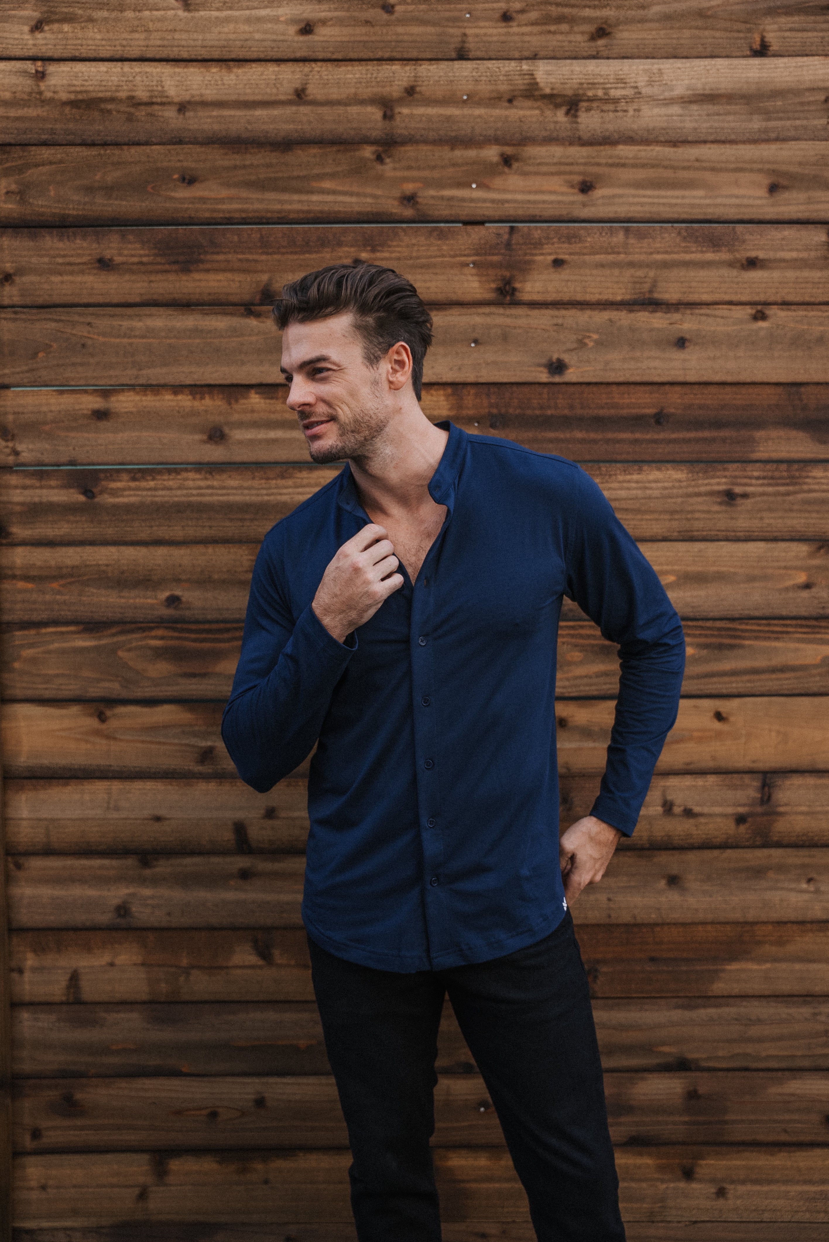 Long-Sleeve Collarless: Midnight Navy (Pima)