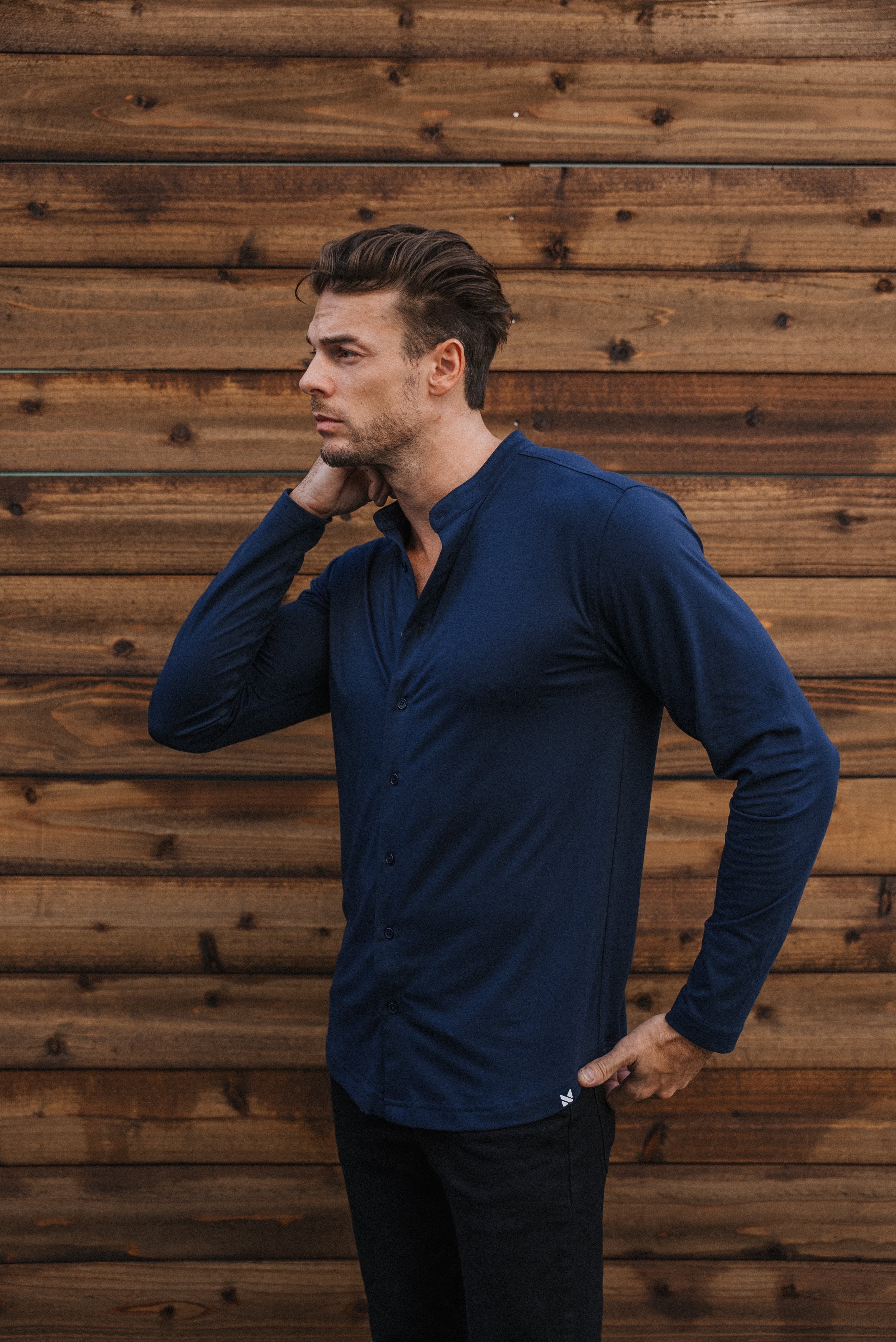 Long-Sleeve Collarless: Midnight Navy (Pima)