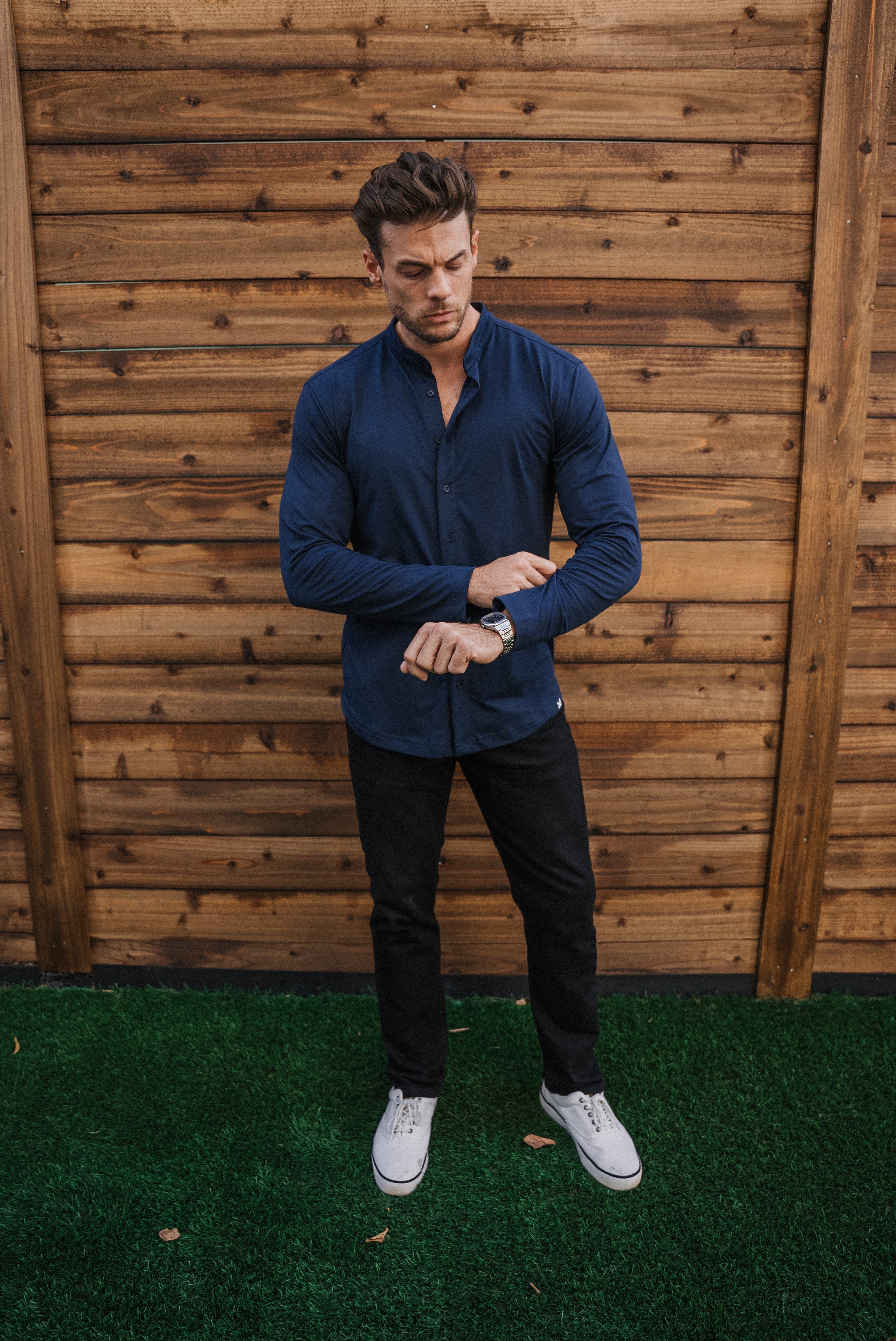 Long-Sleeve Collarless: Midnight Navy (Pima)