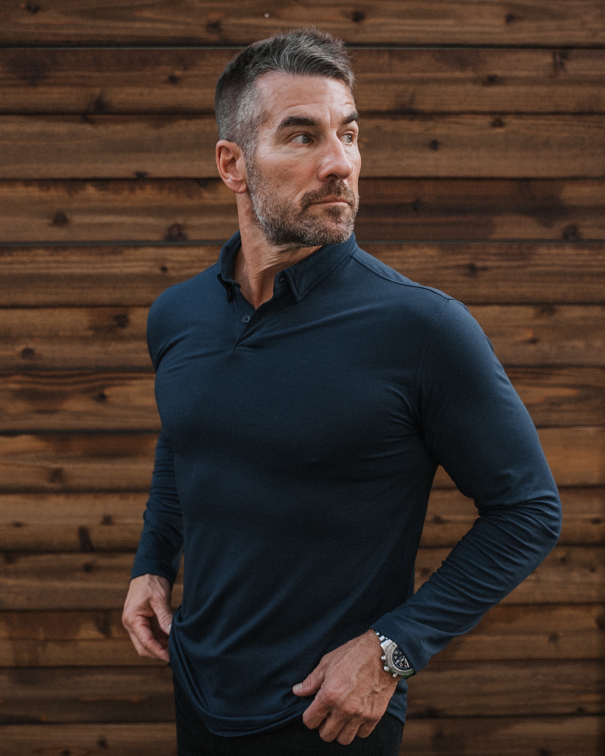 Long-Sleeve 2-Button Polo: Midnight Navy (Pima)