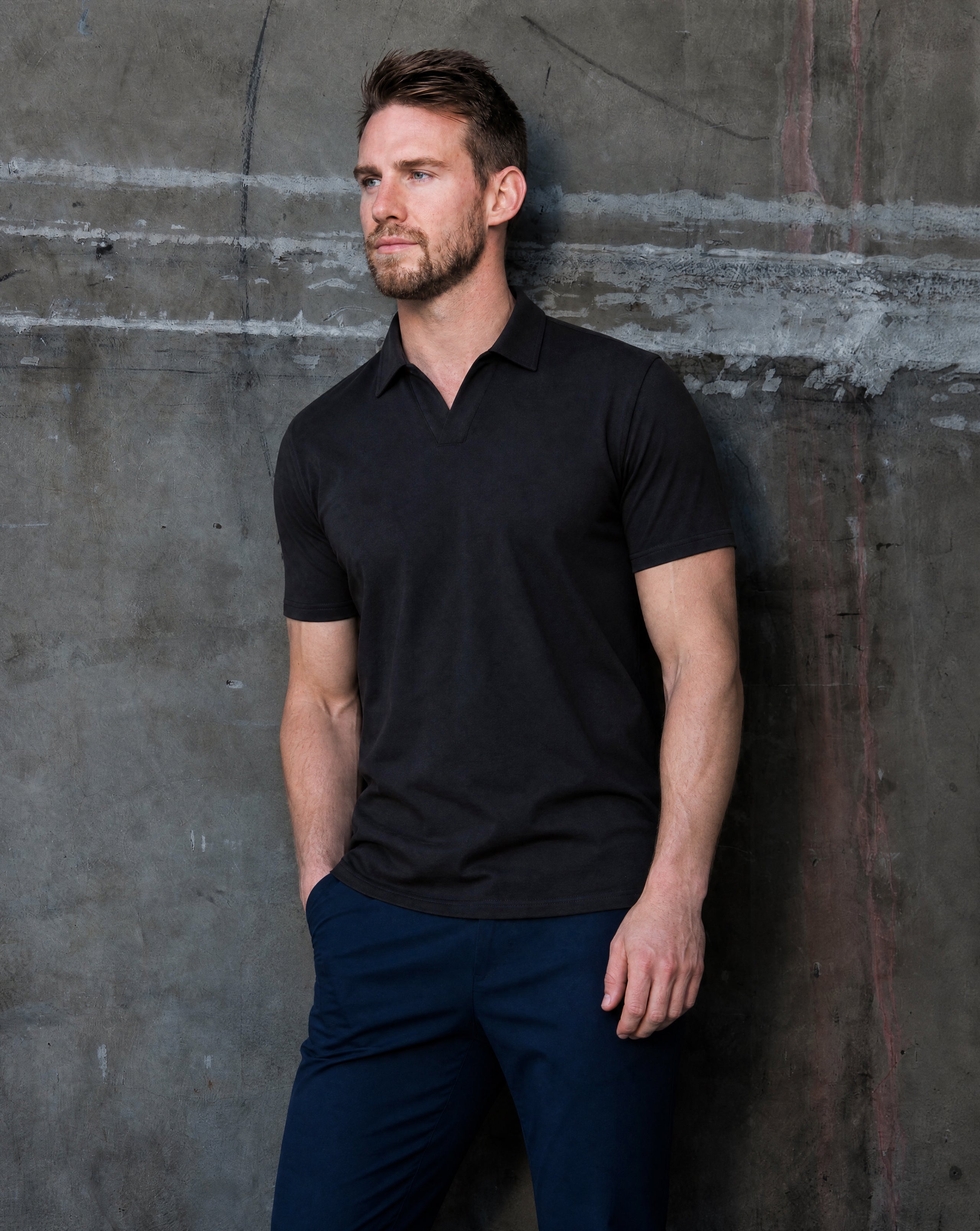 Short Sleeve No Button Polo: Midnight Black