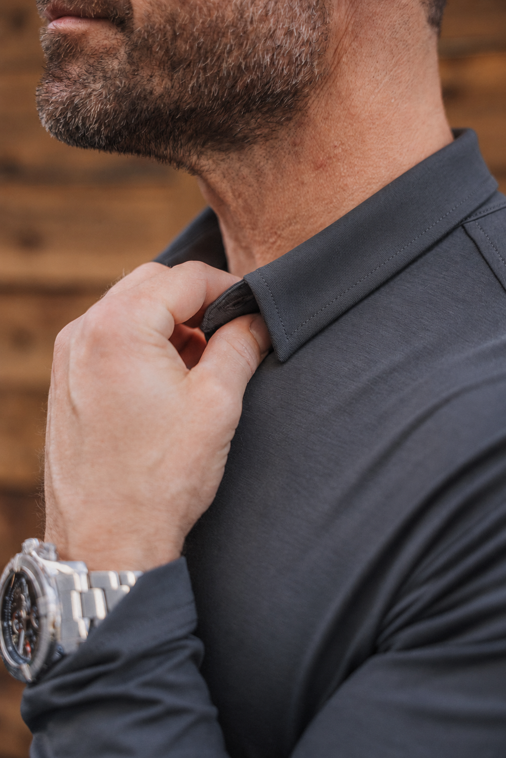 Long-Sleeve 2-Button Polo: Midnight Grey (Pima)