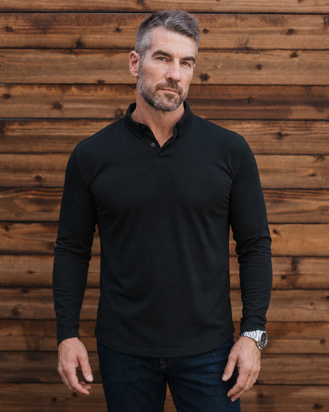 Long-Sleeve 2-Button Polo: Midnight Black (2026)